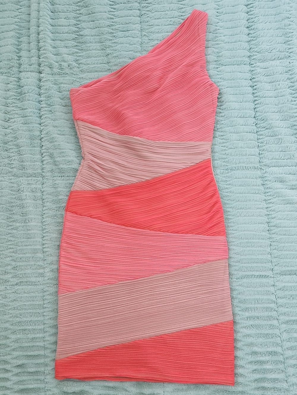 BCBGMax Azria One-Shoulder Pink & Coral Blocked Bandage Dress